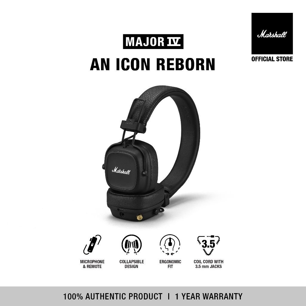 MARSHALL Major IV Bluetooth Black - 1 Year Warranty + Free Shipping Nationwide - Bluetooth Headphones, Over-Ear Headphones, Wireless Headphones, Bluetooth Headphones