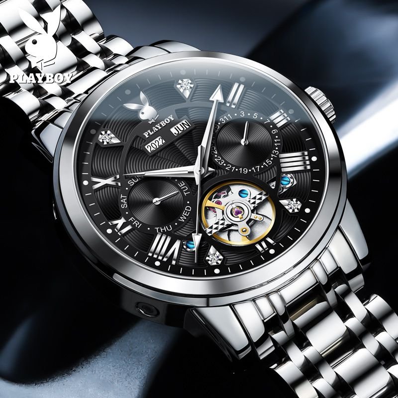 PLAYBOY Men's Genuine Automatic Mechanical Watch, Waterproof Wristwatch, Stainless Steel Strap, 3-Year Warranty